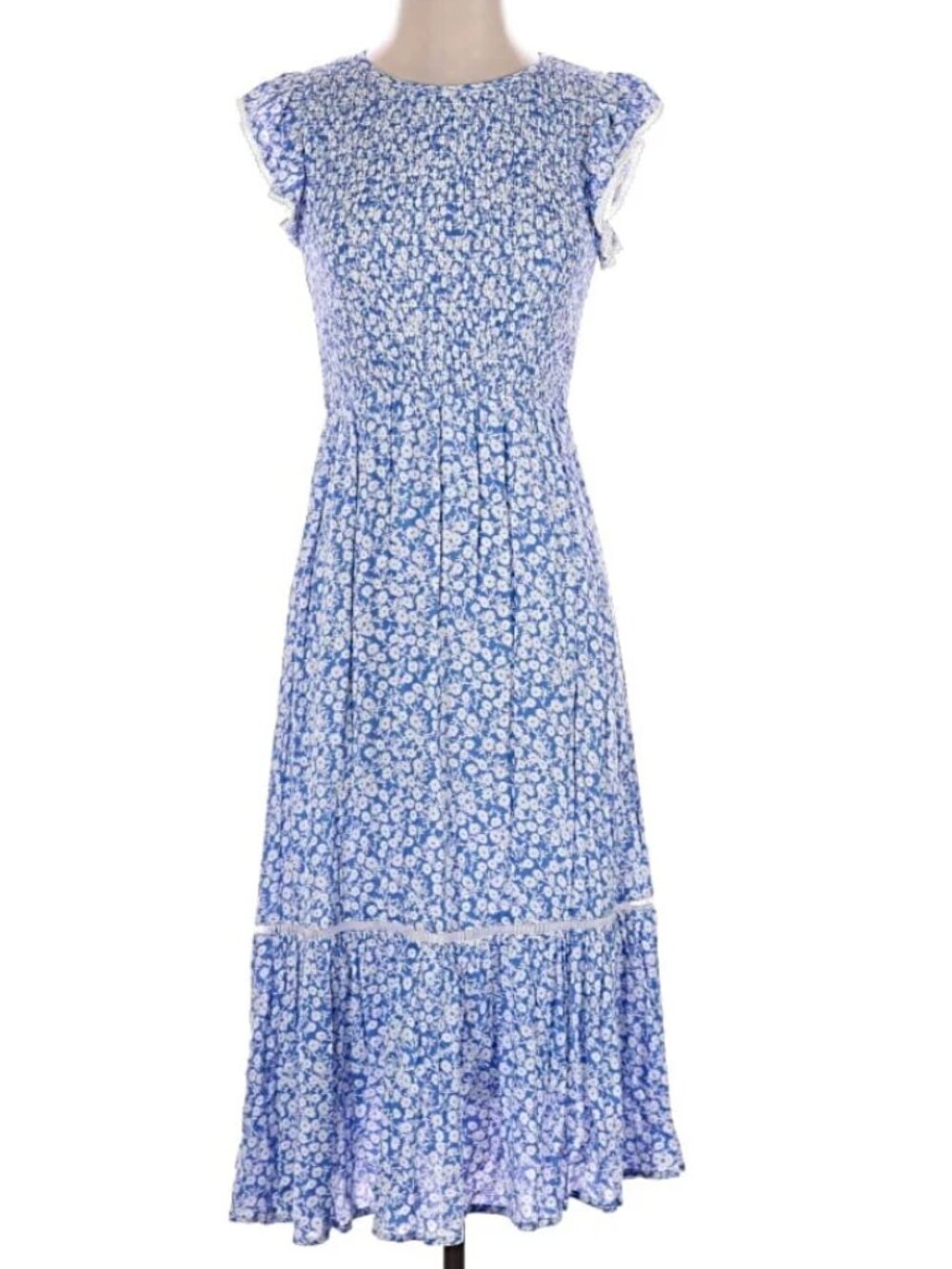 Lost + Wander Blue and White Floral Smocked Midi Dress with Crochet Trim